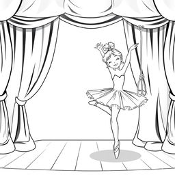 A cute illustration of a girl in a tutu, elegantly lifting one leg in an arabesque posture on a well-lit stage