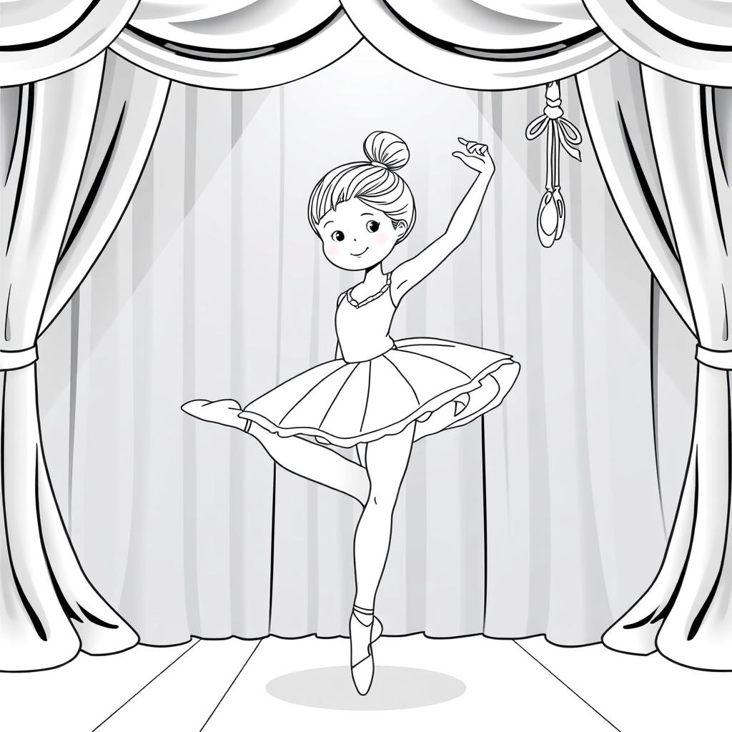 A cute illustration of a girl in a tutu, elegantly lifting one leg in an arabesque posture on a well-lit stage