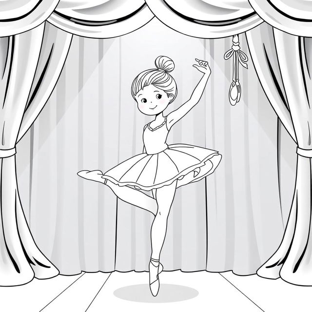 A cute illustration of a girl in a tutu, elegantly lifting one leg in an arabesque posture on a well-lit stage