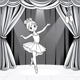 A cute illustration of a girl in a tutu, elegantly lifting one leg in an arabesque posture on a well-lit stage