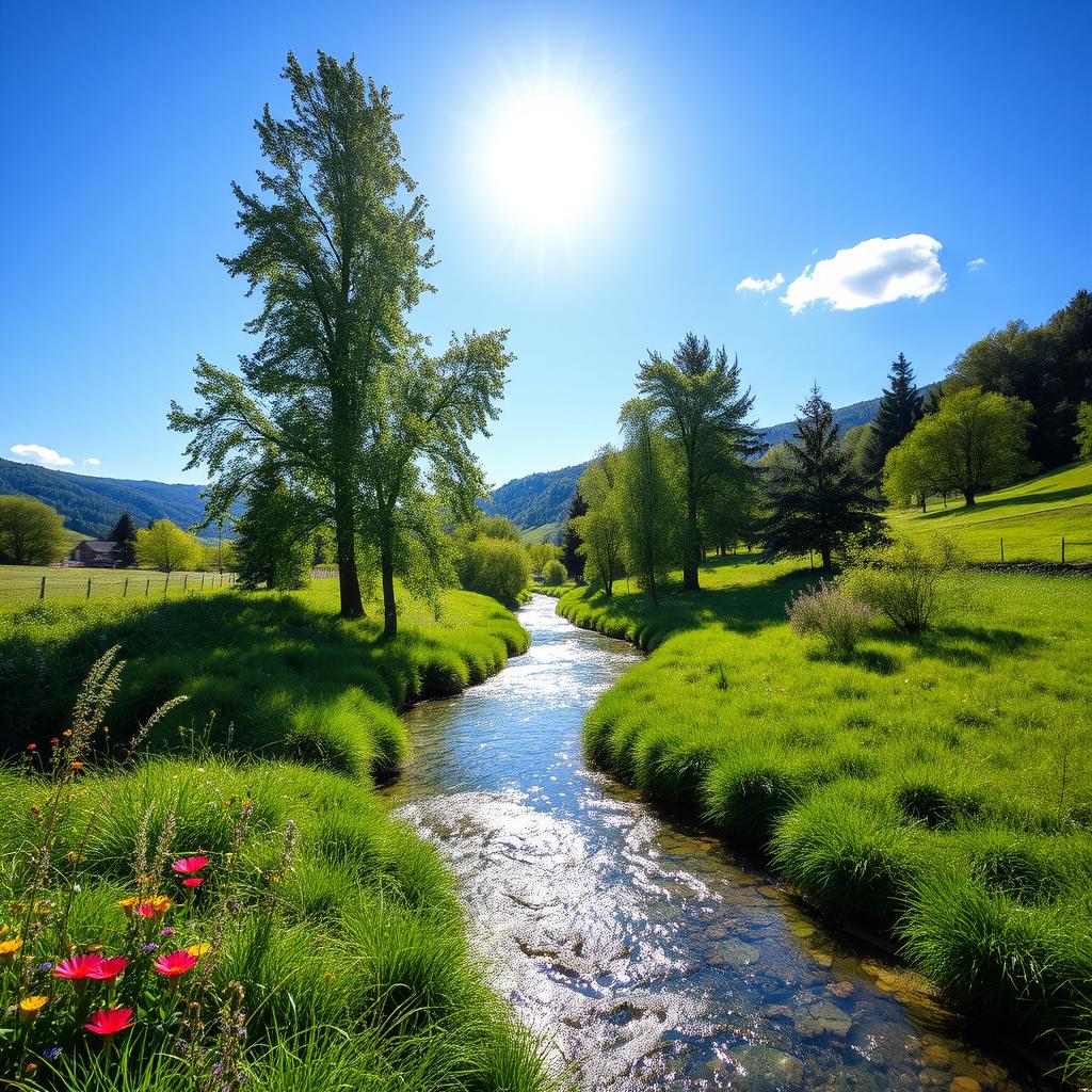 A stunning landscape depicting a lush green area with a crystal-clear river gently flowing through it