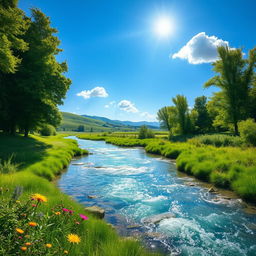 A stunning landscape depicting a lush green area with a crystal-clear river gently flowing through it