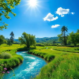 A stunning landscape depicting a lush green area with a crystal-clear river gently flowing through it