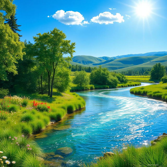 A stunning landscape depicting a lush green area with a crystal-clear river gently flowing through it