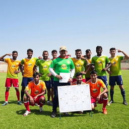 A football team photo featuring the players of FC Chamoli, dressed in vibrant uniforms with their team emblem visibly displayed on their shirts
