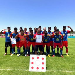 A football team photo featuring the players of FC Chamoli, dressed in vibrant uniforms with their team emblem visibly displayed on their shirts