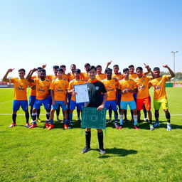 A football team photo featuring the players of FC Chamoli, dressed in vibrant uniforms with their team emblem visibly displayed on their shirts