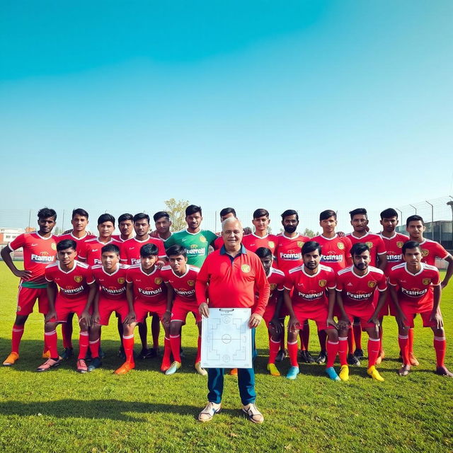 A football team photo featuring the players of FC Chamoli, dressed in vibrant uniforms with their team emblem visibly displayed on their shirts