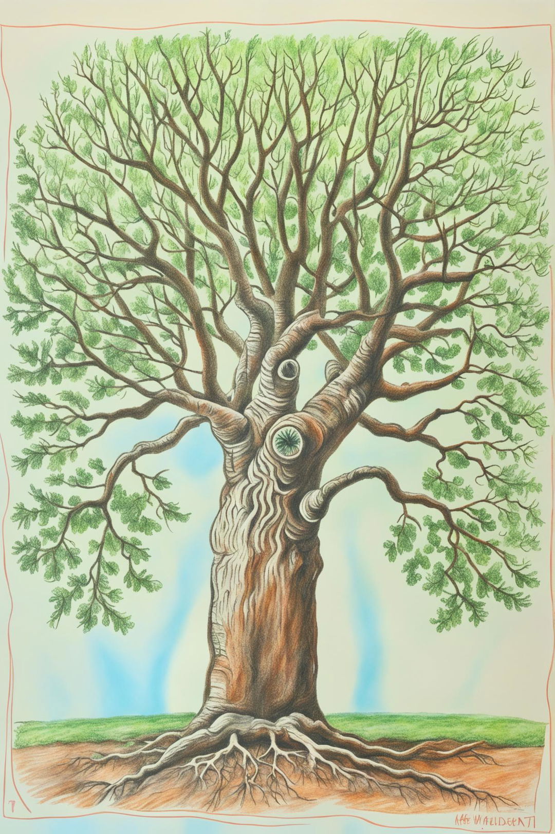 This is a high-quality, lightly colored drawing of a peaceful oak tree