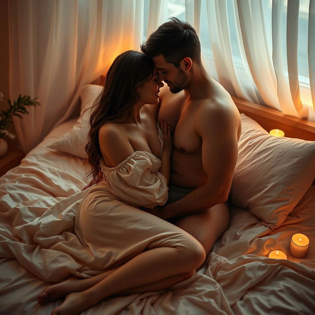 A sensual bedroom scene featuring a couple engaged in a passionate and intimate embrace on a plush bed, surrounded by soft, romantic lighting