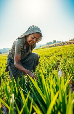 A young impoverished woman working diligently in a lush green paddy field, her clothes are simple and worn yet sturdy, reflecting her hard-working nature