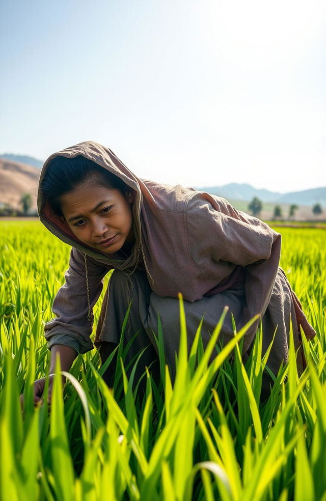 A young impoverished woman working diligently in a lush green paddy field, her clothes are simple and worn yet sturdy, reflecting her hard-working nature