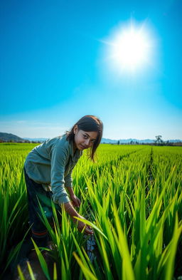 A young impoverished woman working diligently in a lush green paddy field, her clothes are simple and worn yet sturdy, reflecting her hard-working nature