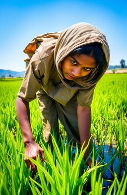 A young impoverished woman working diligently in a lush green paddy field, her clothes are simple and worn yet sturdy, reflecting her hard-working nature