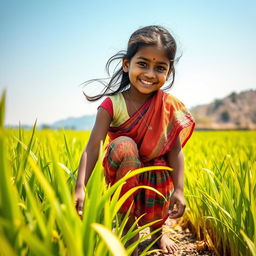 A young Indian girl clad in simple yet colorful traditional clothing, with a playful smile, working diligently in a lush green paddy field