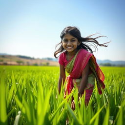 A young Indian girl clad in simple yet colorful traditional clothing, with a playful smile, working diligently in a lush green paddy field