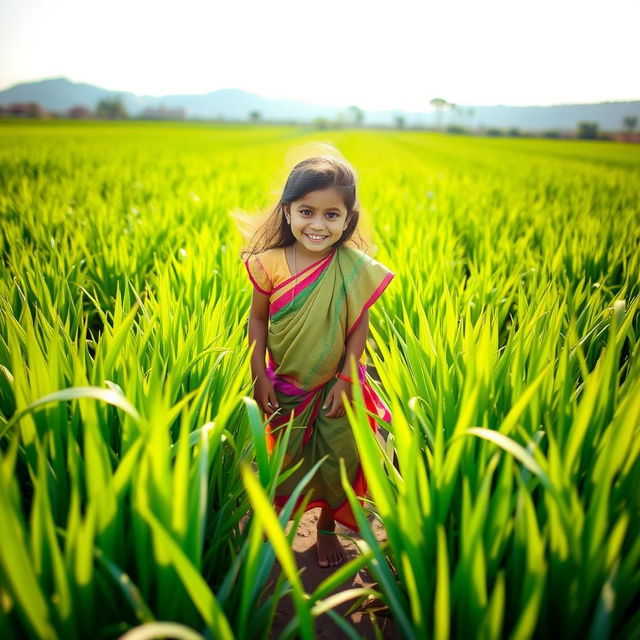 A young Indian girl clad in simple yet colorful traditional clothing, with a playful smile, working diligently in a lush green paddy field