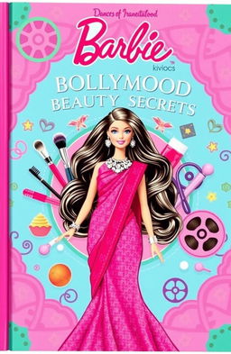 A beautifully designed book cover for 'Barbie Bollywood Beauty Secrets', featuring a glamorous and stylish Barbie doll dressed in traditional Bollywood attire, with sparkling jewelry and vibrant colors