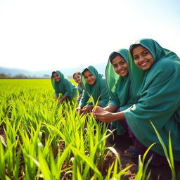 A group of young Assamese girls, dressed in traditional mekhela chador, working together in a lush green paddy field