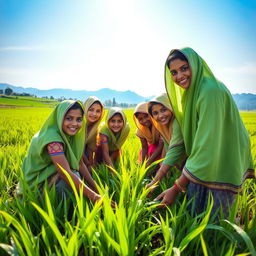 A group of young Assamese girls, dressed in traditional mekhela chador, working together in a lush green paddy field