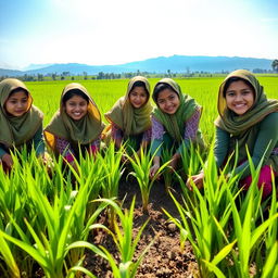 A group of young Assamese girls, dressed in traditional mekhela chador, working together in a lush green paddy field