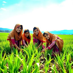A group of young Assamese girls, dressed in traditional mekhela chador, working together in a lush green paddy field