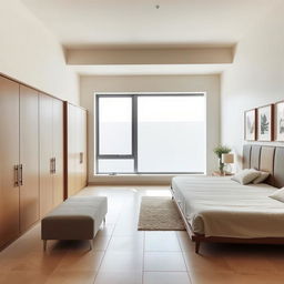 A minimalistic master bedroom featuring a large window directly in front of the bed