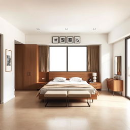 A minimalistic master bedroom featuring a large window directly in front of the bed