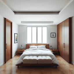 A minimalistic master bedroom featuring a large window directly in front of the bed
