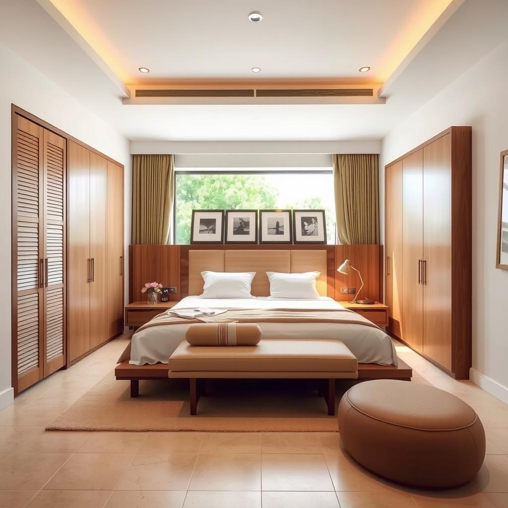 A minimalistic master bedroom featuring a large window directly in front of the bed