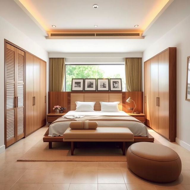 A minimalistic master bedroom featuring a large window directly in front of the bed