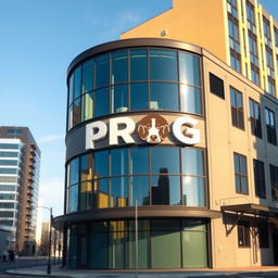 A corporate building designed in a warehouse style, featuring the word 'PROG' prominently displayed on the exterior
