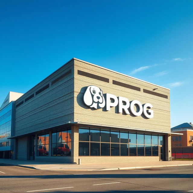 A corporate building designed in a warehouse style, featuring the word 'PROG' prominently displayed on the exterior