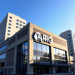 A corporate building designed in a warehouse style, featuring the word 'PROG' prominently displayed on the exterior