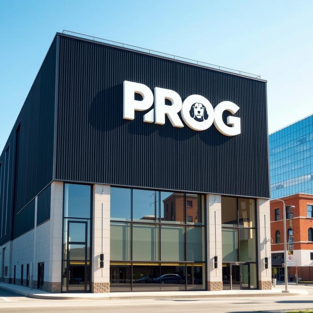 A corporate building designed in a warehouse style, featuring the word 'PROG' prominently displayed on the exterior