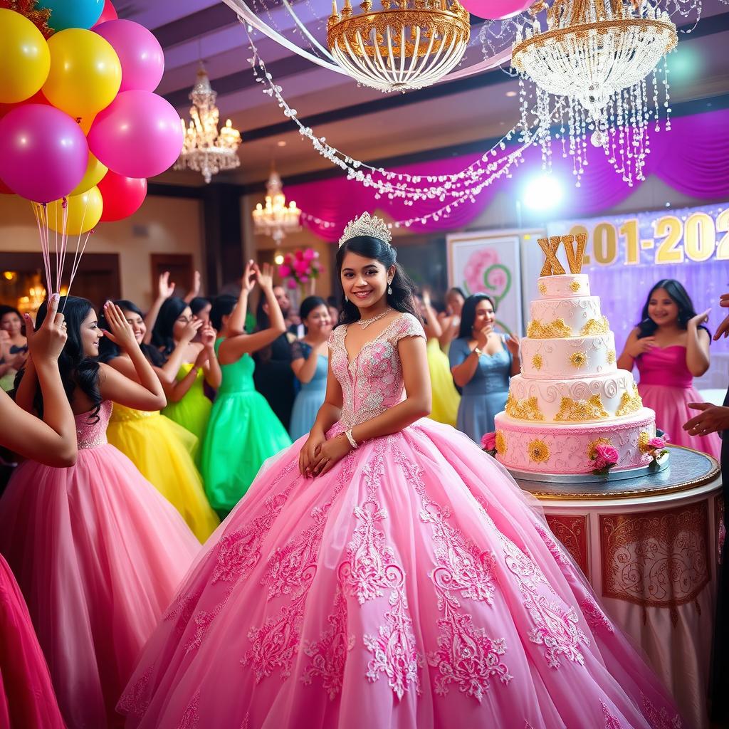 A vibrant and extravagant quinceañera (XV) celebration, featuring a beautiful young Latina girl in a stunning, elaborate pink ball gown with intricate lace details and sparkling embellishments