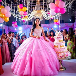 A vibrant and extravagant quinceañera (XV) celebration, featuring a beautiful young Latina girl in a stunning, elaborate pink ball gown with intricate lace details and sparkling embellishments