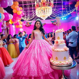 A vibrant and extravagant quinceañera (XV) celebration, featuring a beautiful young Latina girl in a stunning, elaborate pink ball gown with intricate lace details and sparkling embellishments