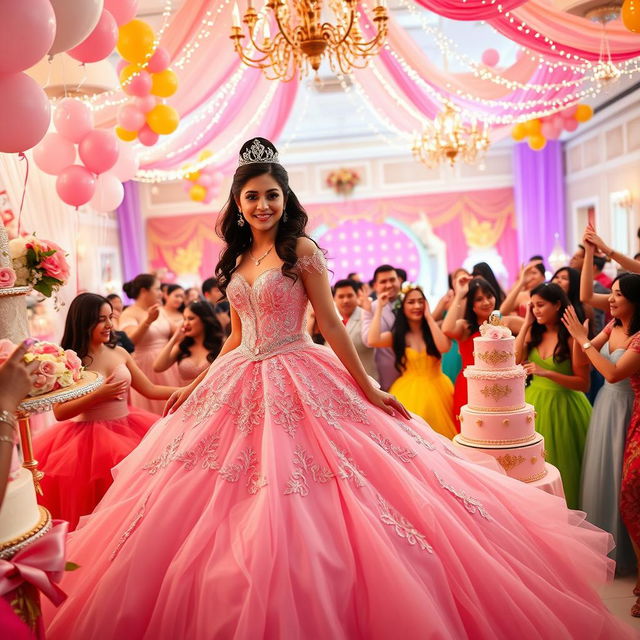 A vibrant and extravagant quinceañera (XV) celebration, featuring a beautiful young Latina girl in a stunning, elaborate pink ball gown with intricate lace details and sparkling embellishments