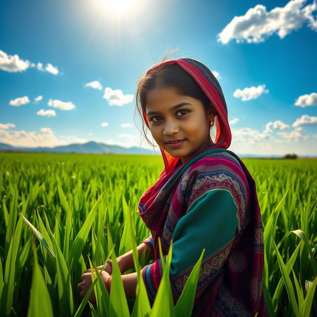 A scene depicting a young Assamese girl working diligently in a lush green paddy field