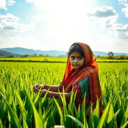 A scene depicting a young Assamese girl working diligently in a lush green paddy field
