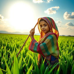 A scene depicting a young Assamese girl working diligently in a lush green paddy field