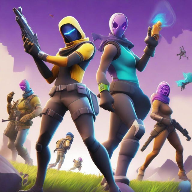 This is a high-resolution digital artwork of two Fortnite skins engaged in an intense battle