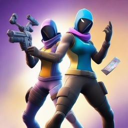 This is a high-resolution digital artwork of two Fortnite skins engaged in an intense battle