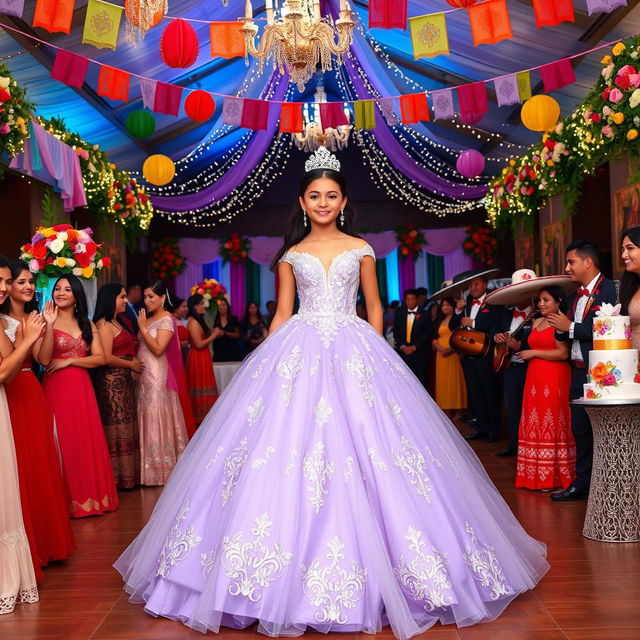 A gorgeous and festive Mexican quinceañera (15 años) celebration, showcasing a young Latina girl in a breathtaking lavender ball gown with exquisite floral lace detailing and shimmering sequins