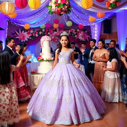 A gorgeous and festive Mexican quinceañera (15 años) celebration, showcasing a young Latina girl in a breathtaking lavender ball gown with exquisite floral lace detailing and shimmering sequins