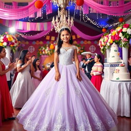 A gorgeous and festive Mexican quinceañera (15 años) celebration, showcasing a young Latina girl in a breathtaking lavender ball gown with exquisite floral lace detailing and shimmering sequins