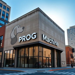 A corporate building designed in a warehouse style, featuring the words 'PROG Machine' prominently displayed on the exterior