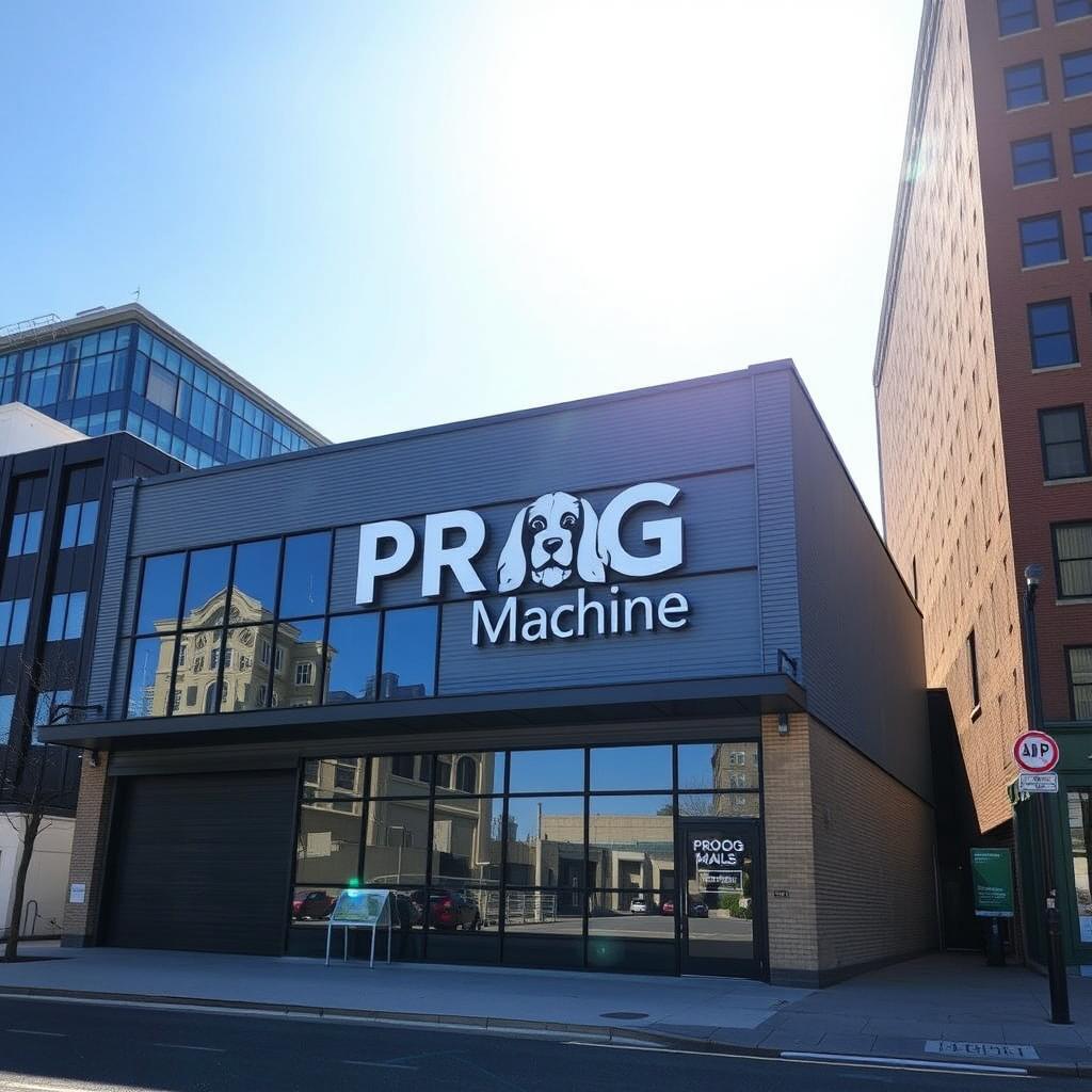 A corporate building designed in a warehouse style, featuring the words 'PROG Machine' prominently displayed on the exterior