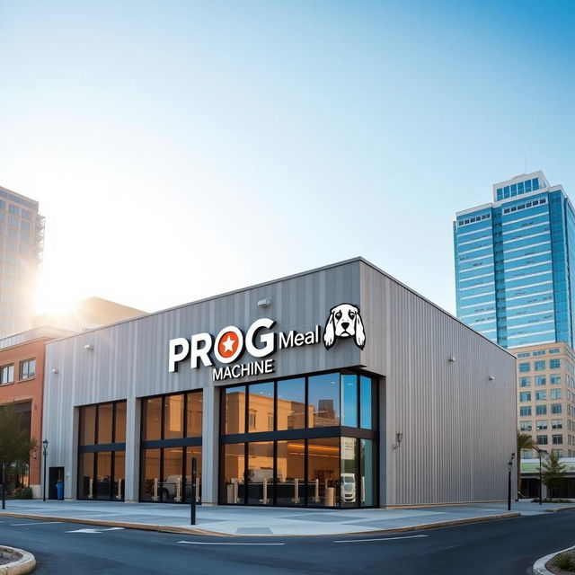 A corporate building designed in a warehouse style, featuring the words 'PROG Machine' prominently displayed on the exterior